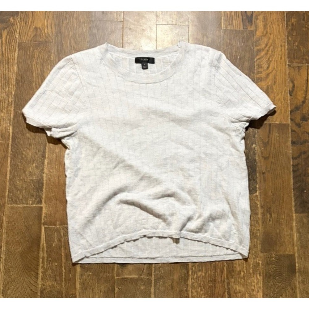 J Crew Women Top L Pointelle Short Sleeve Round Neck Rib Silk cashmere Blend
